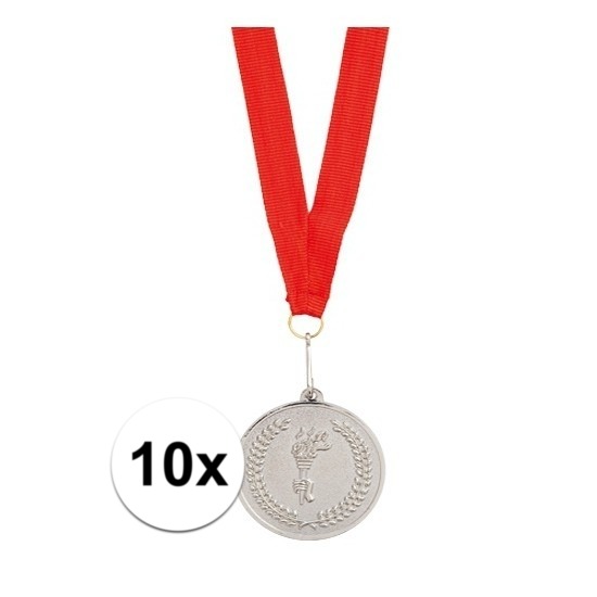 10x Medailles zilver aan rood lint