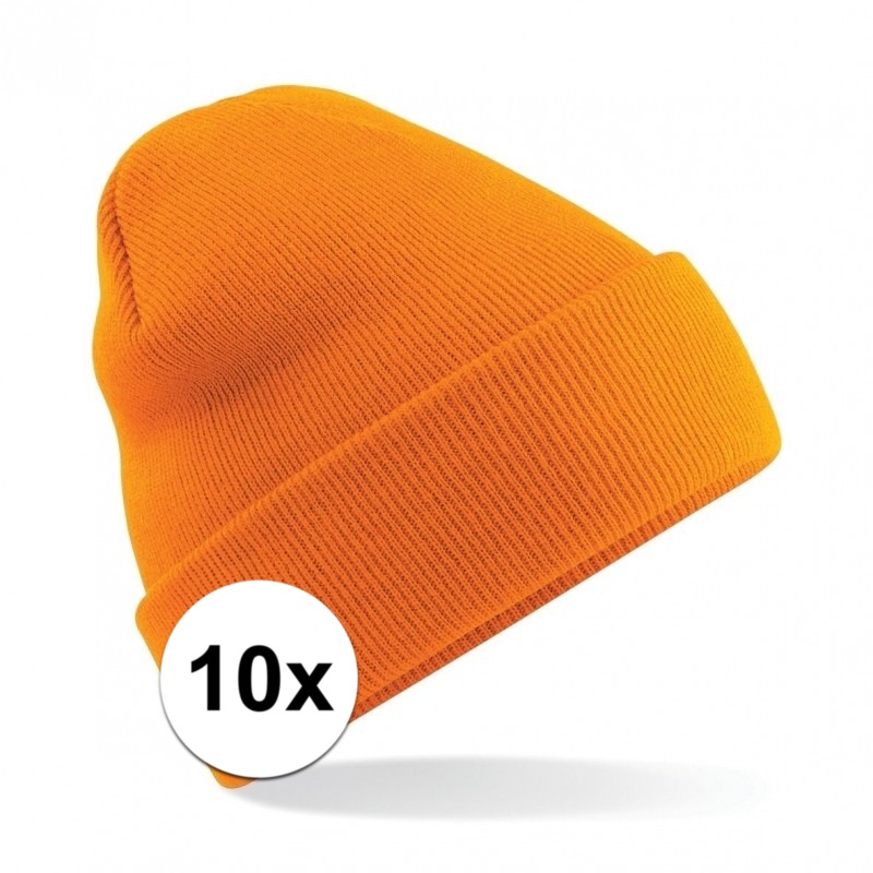 10x Warme gebreide muts in het oranje