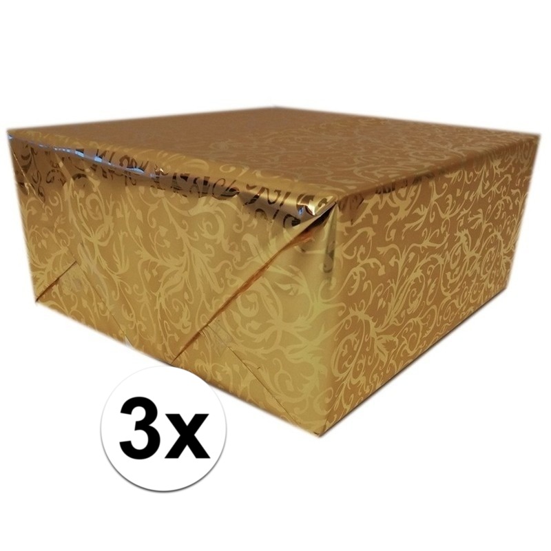 3x Cadeaupapier goud metallic met klassieke print 150 cm per rol