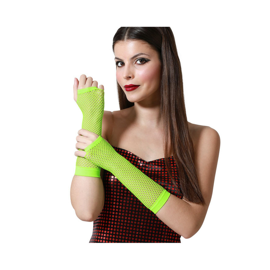 Atosa Carnaval verkleed handschoenen visnet stof neon groen vingerloos dames elastiek