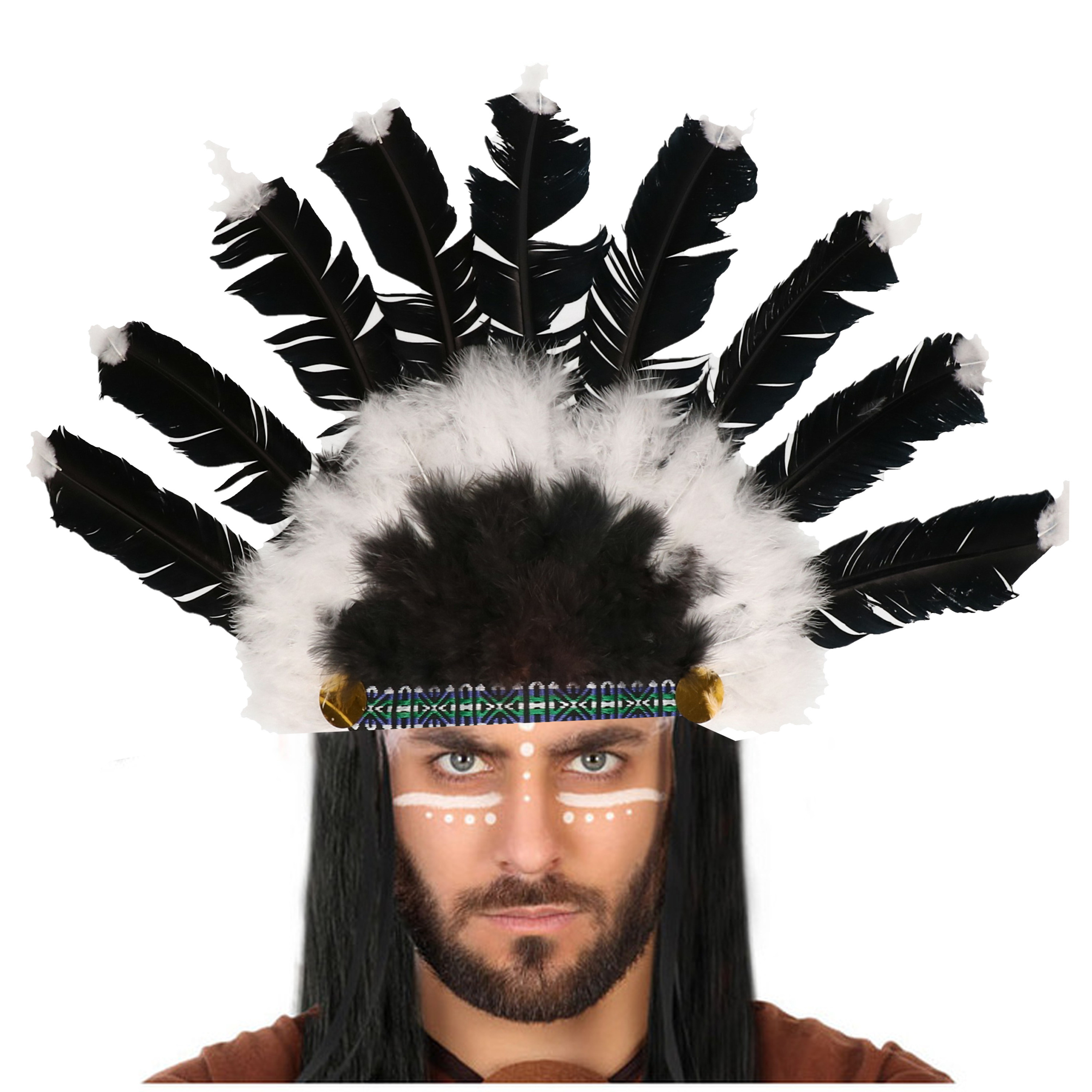 Atosa indianen veren tooi voor heren zwart-wit met ornamenten verkleed accessoires