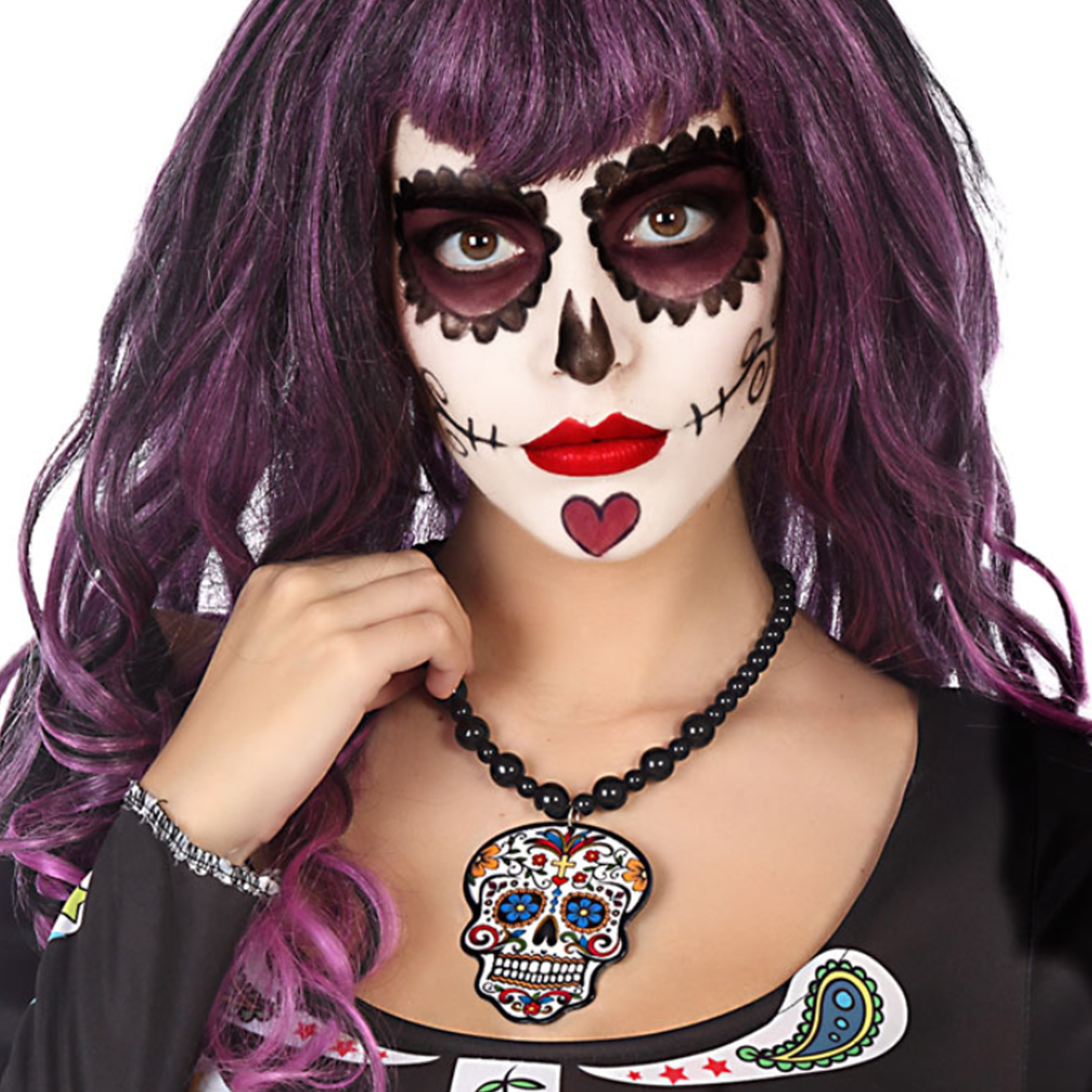 Atosa Verkleed sieraden ketting met Skull zwart-multi kleur dames kunststof Day of the Dead