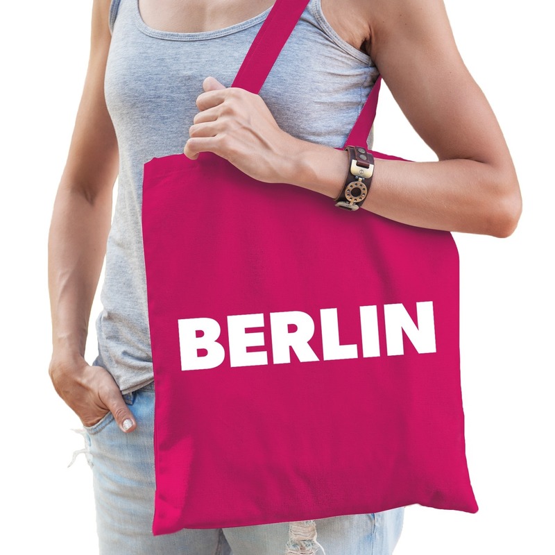 Berlijn schoudertas fuchsia roze katoen met Berlin bedrukking