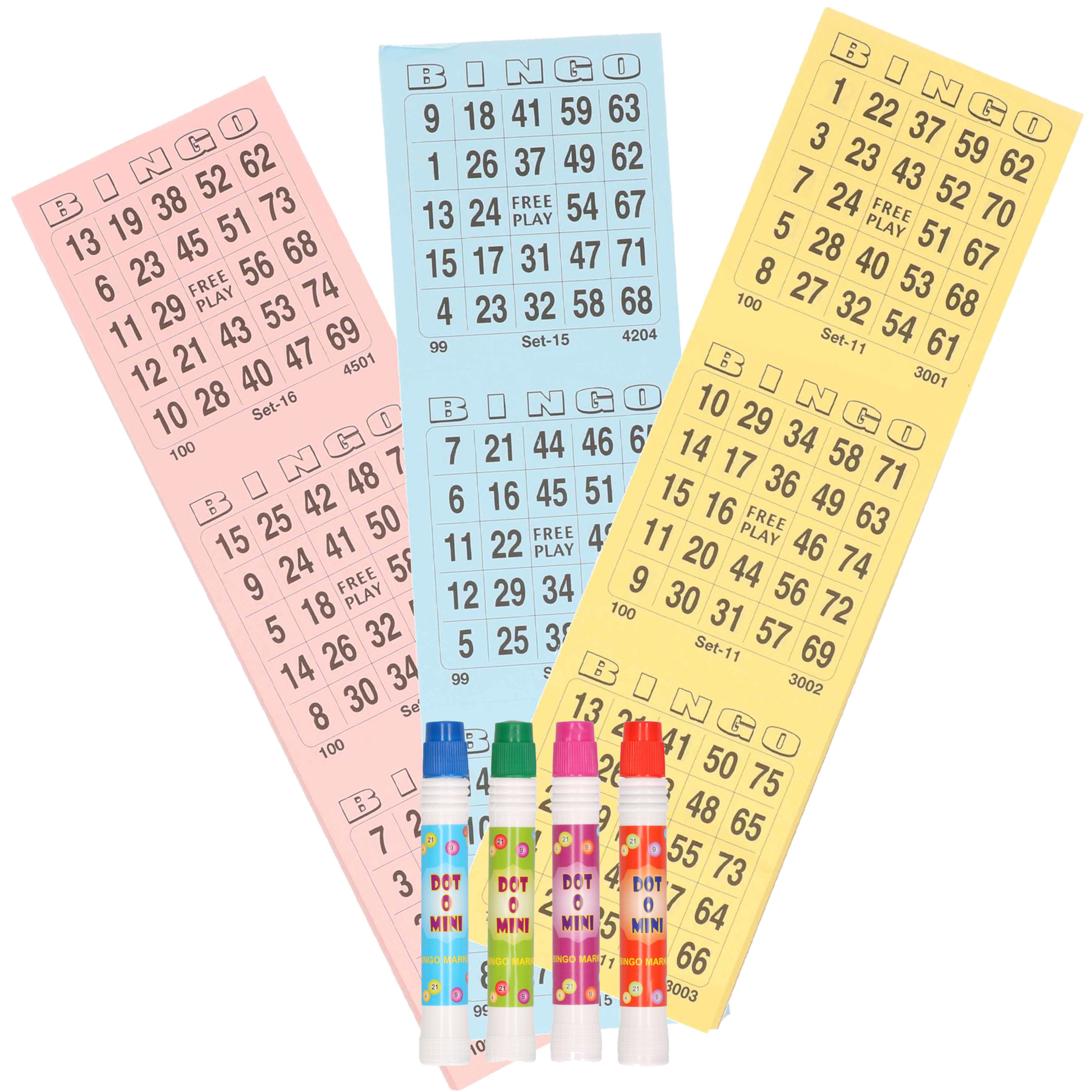 Bingospel accessoires 1-75 met 150 bingokaarten en 4 bingostiften