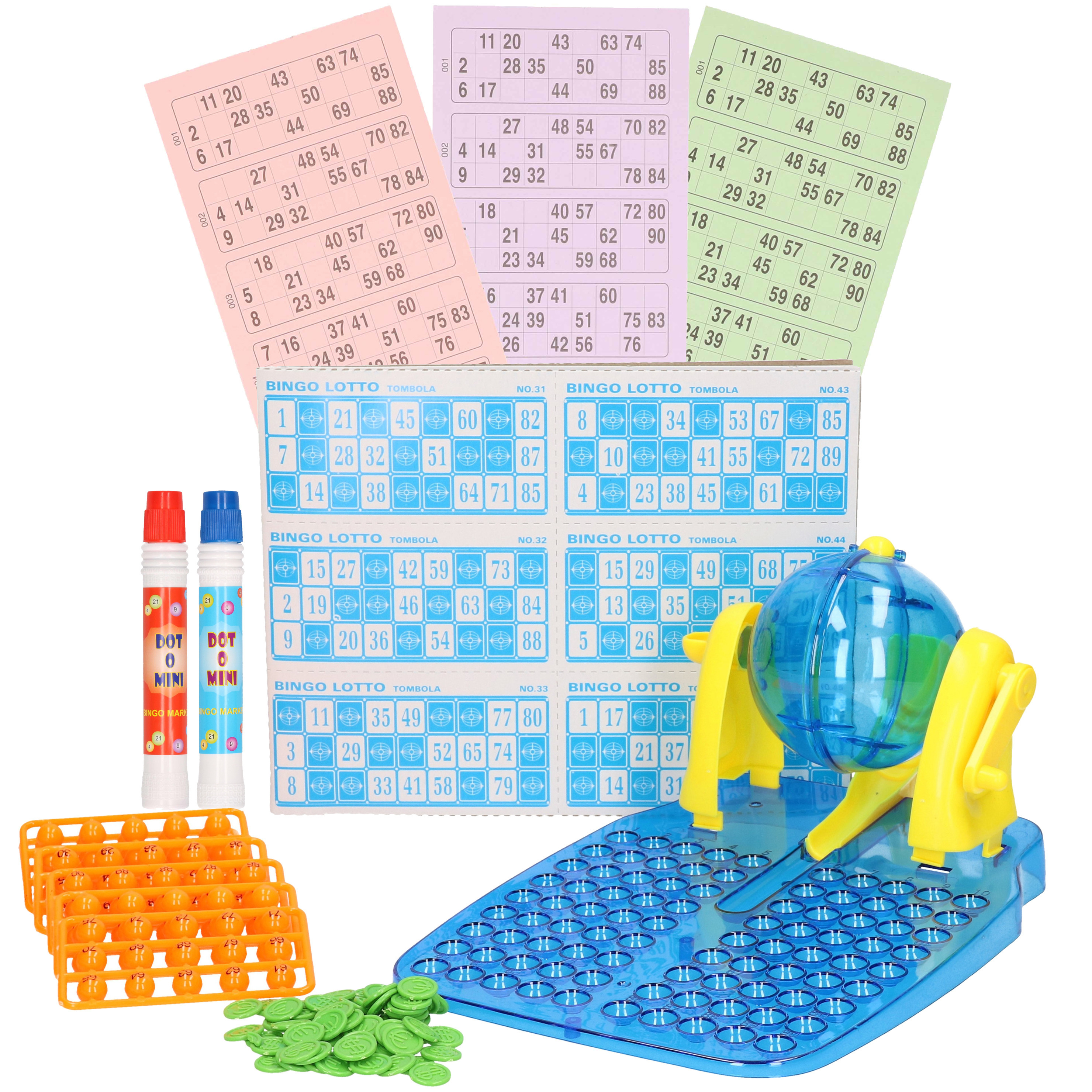 Bingospel blauw-geel 1-90 met bingomolen, fiches, 148 bingokaarten en 2 bingostiften