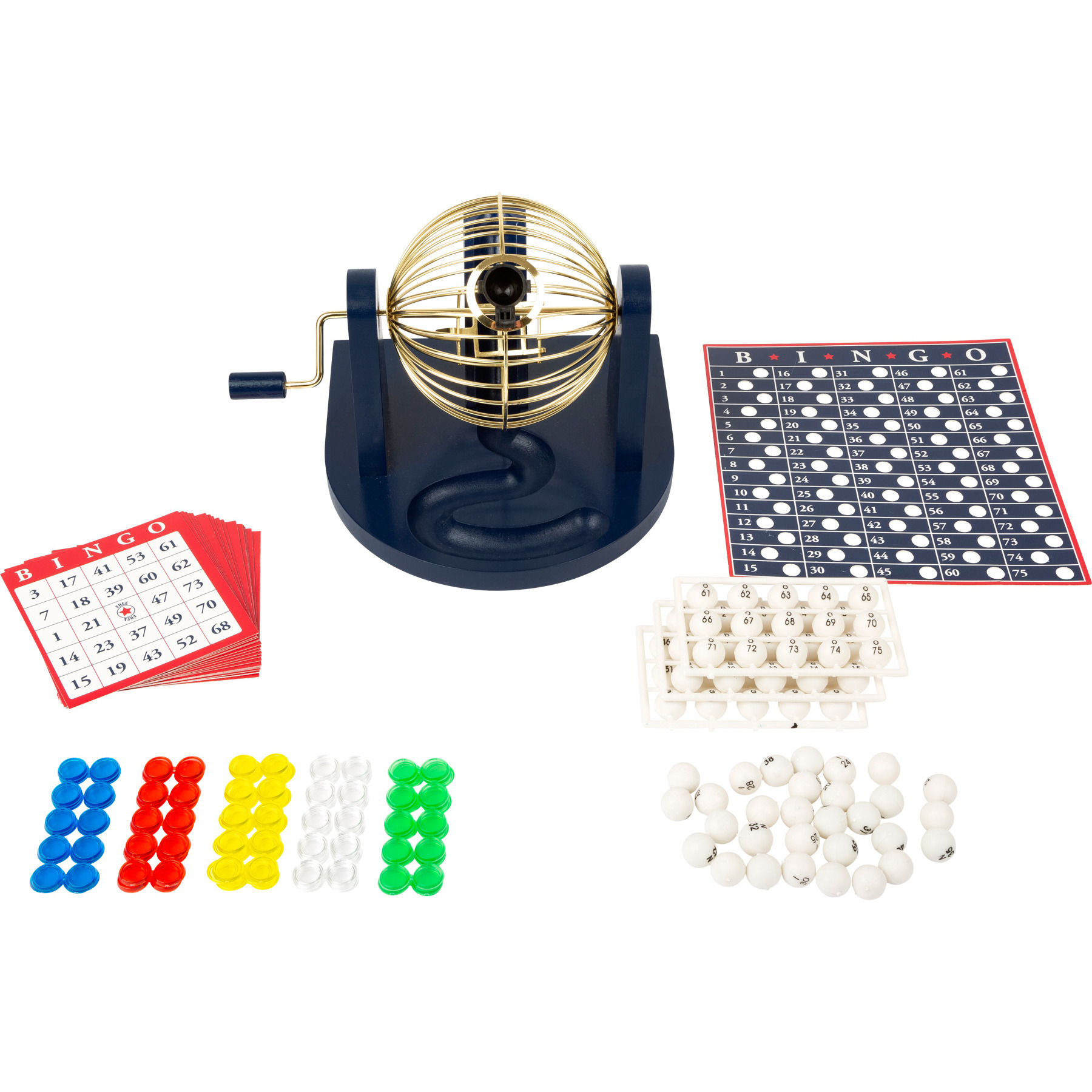 Bingospel blauw-goud-wit 1-75 met bingomolen, 167 bingokaarten en 2 bingostiften