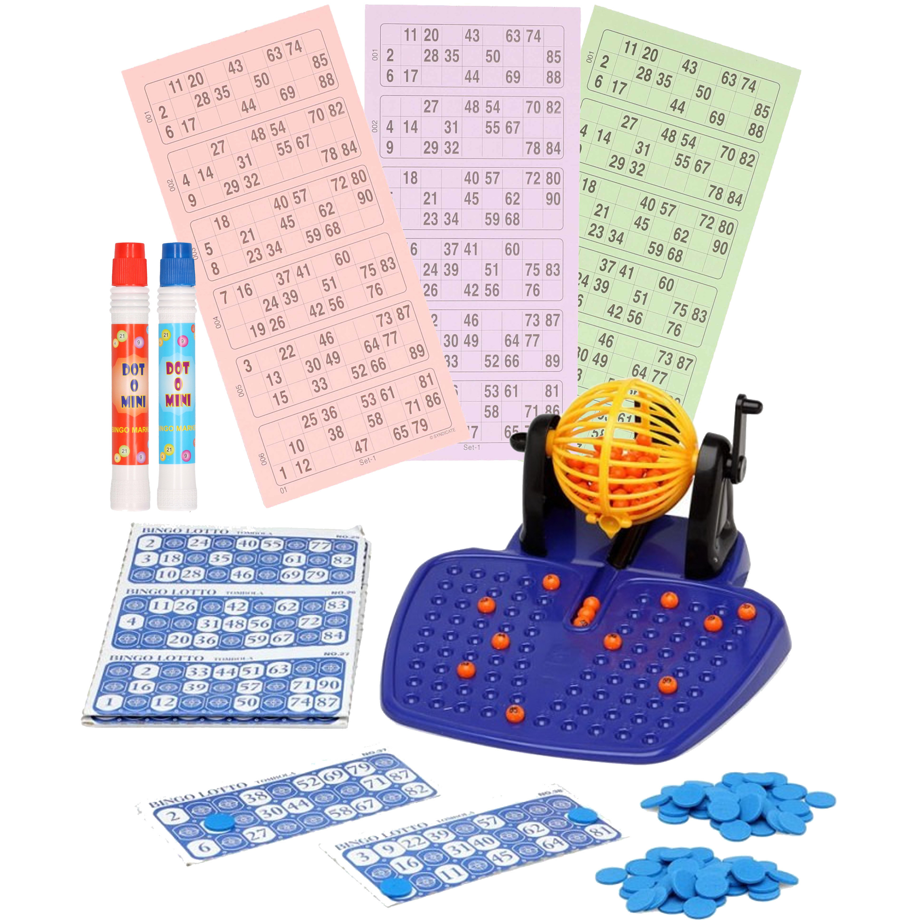 Bingospel gekleurd-oranje 1-90 met bingomolen, 48 bingokaarten en 2 bingostiften