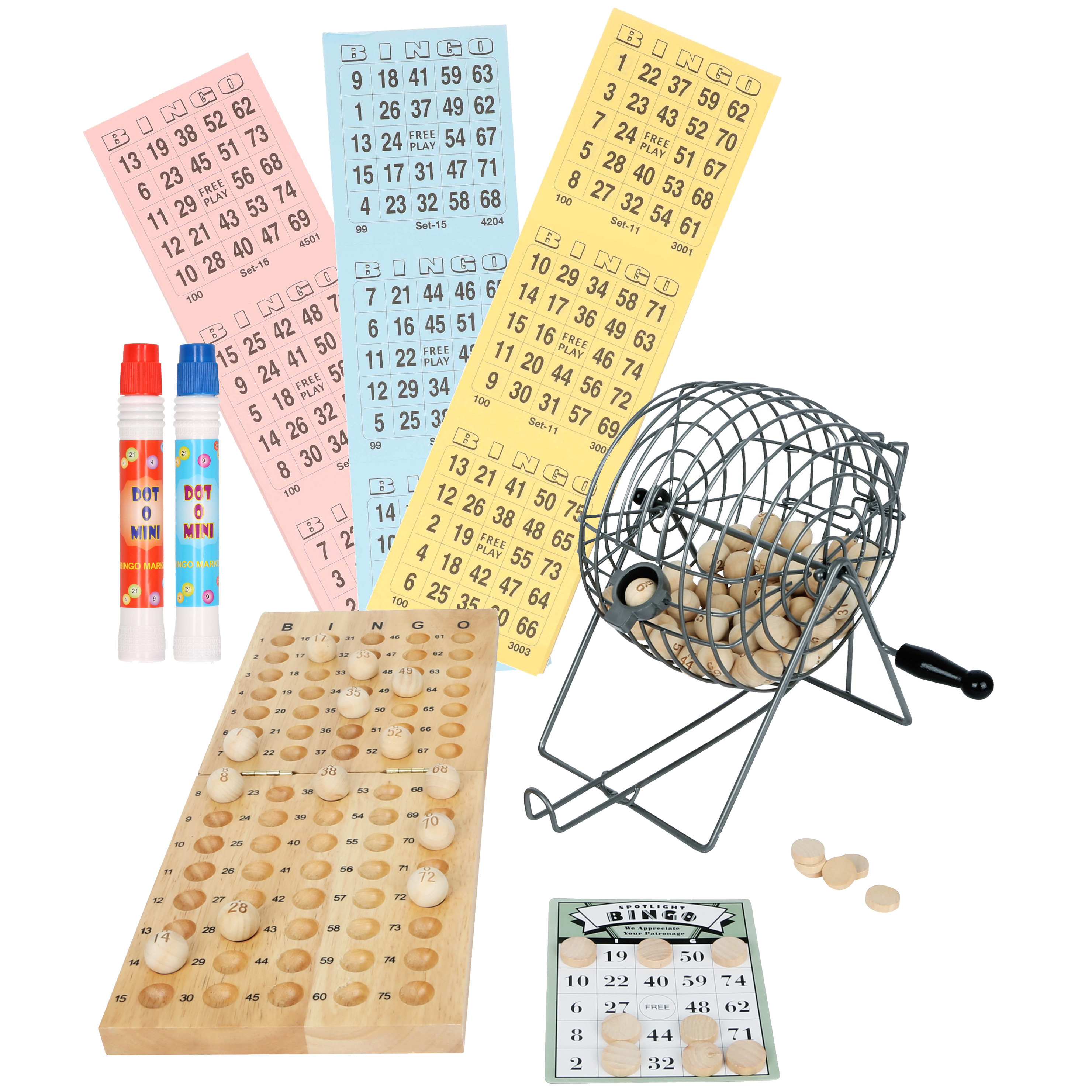 Bingospel hout-metaal 1-75 met bingomolen, fiches, 174 bingokaarten en 2 bingostiften