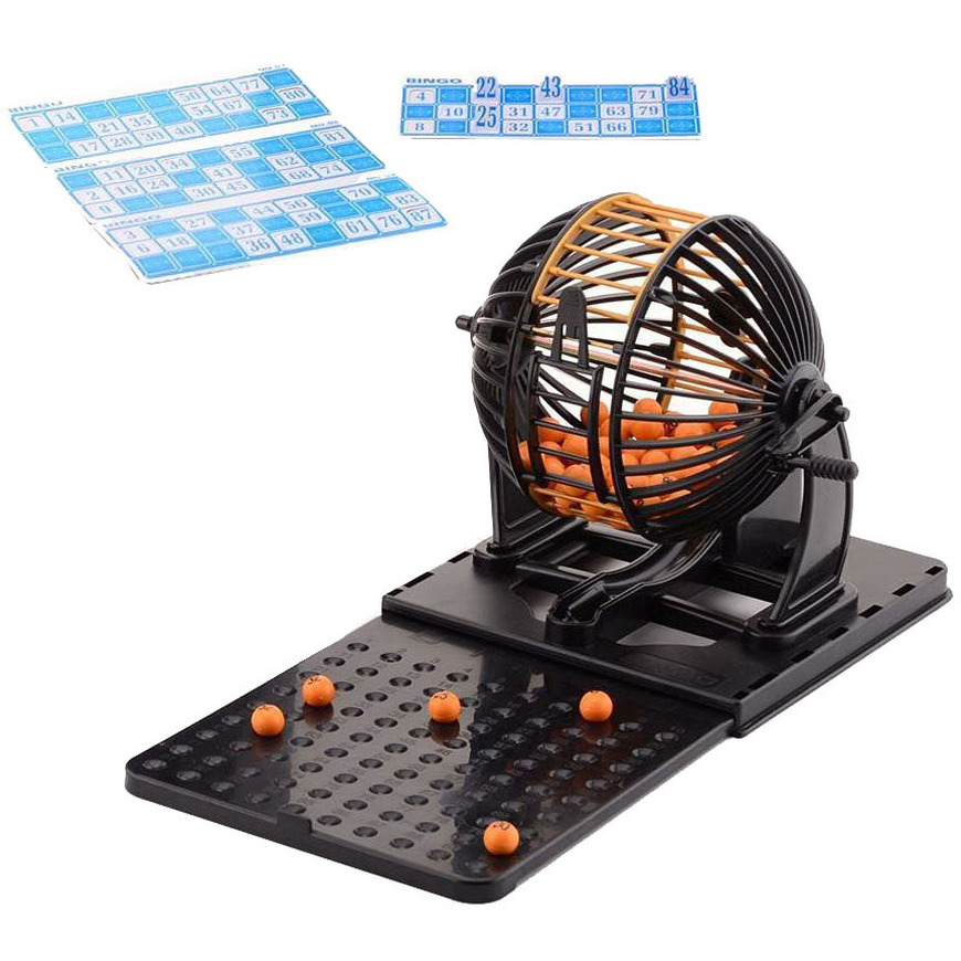 Bingospel zwart-oranje 1-90 met bingomolen en 48 bingokaarten