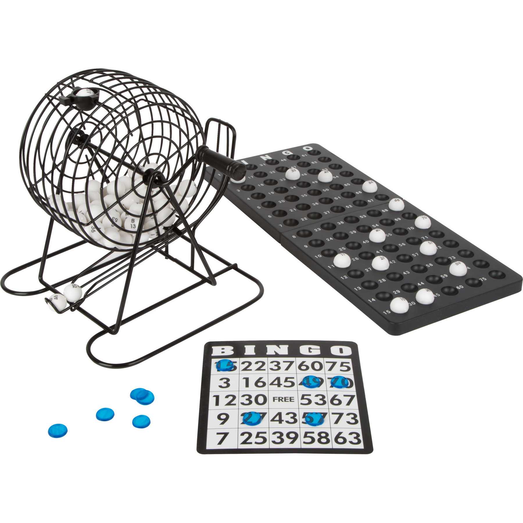 Bingospel zwart-wit 1-75 met bingomolen, 168 bingokaarten en 2 bingostiften