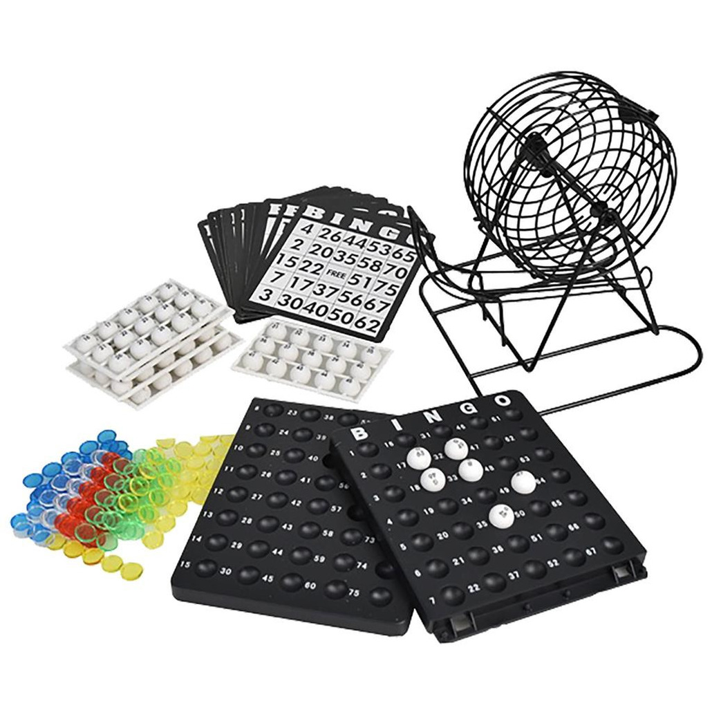 Bingospel zwart-wit 1-90 met bingomolen, 140 bingokaarten en 2 bingostiften
