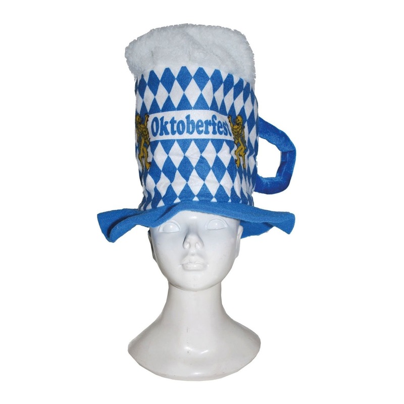 Blauwe-witte ruitjes bierfeest-oktoberfest hoed bierglas verkleed accessoire voor dames-heren