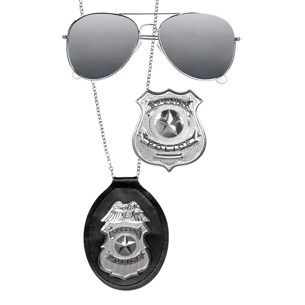 Boland Carnaval-verkleed accessoires Politie ketting met badge-spiegel zonnebril zwart-zilver