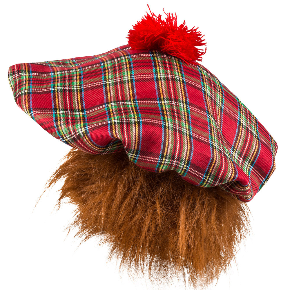 Boland Carnaval verkleed hoed-baret in Schotse ruit rood polyester heren met rood-bruin haar