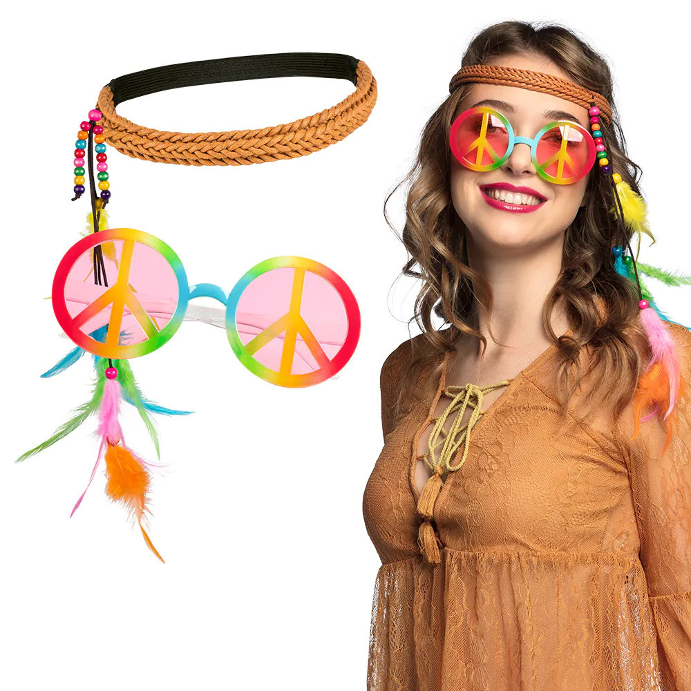 Boland Carnaval verkleed set Hippie peace party bril en een hoofband dames