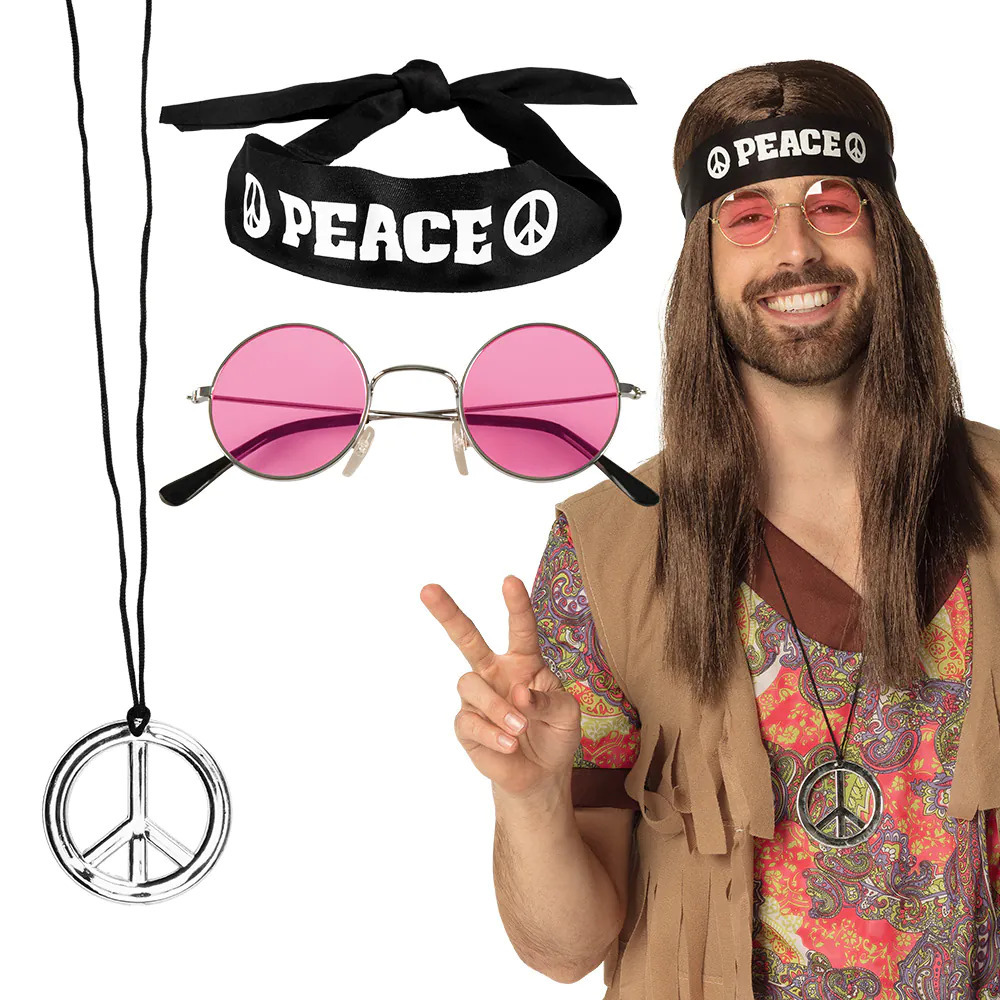 Boland Carnaval verkleed set Hippie zonnebril-ketting-hoofband heren