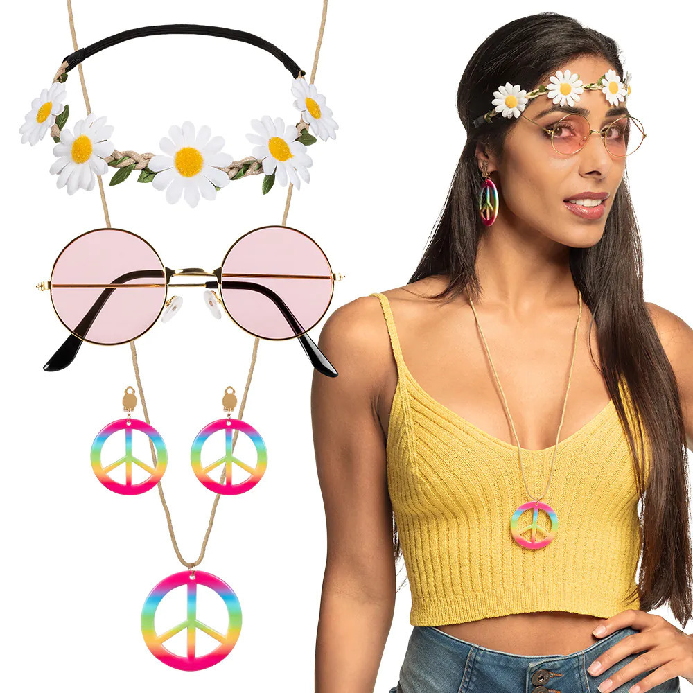 Boland Carnaval verkleed set Hippie zonnebril-ketting-oorbellen-hoofband dames