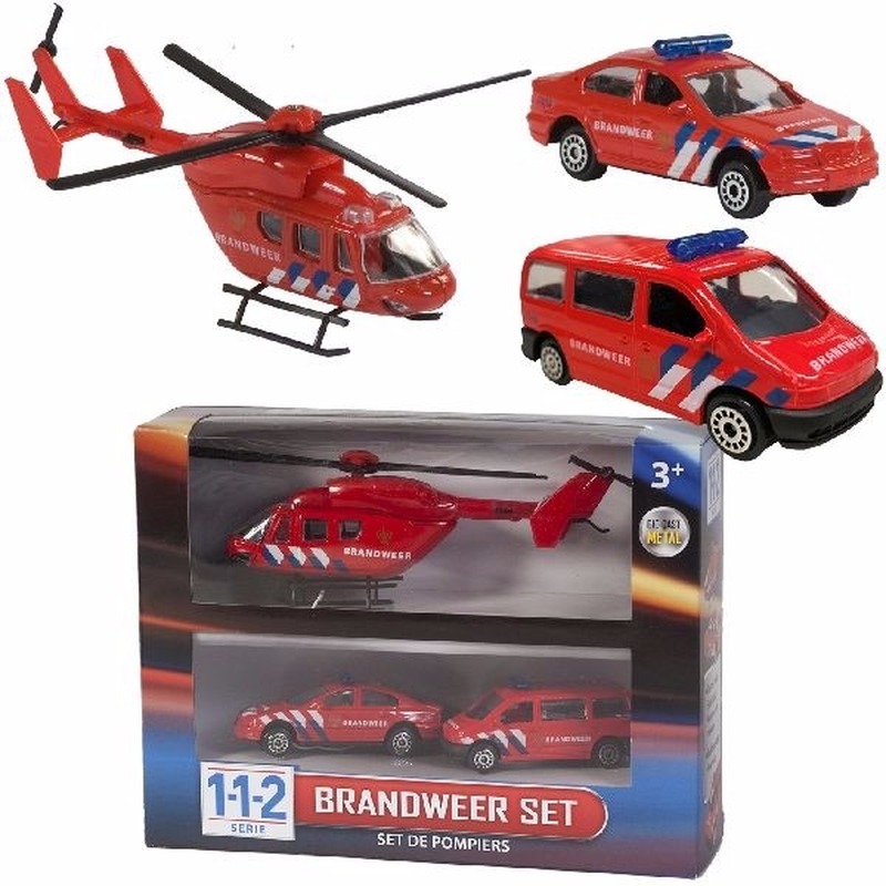 Brandweerwagens en helikopter speelset