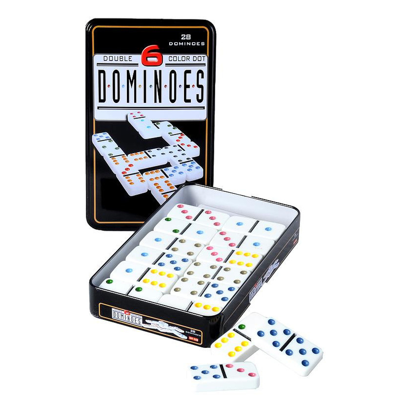 Domino spel dubbel-double 6 in blik en 28x gekleurde stenen