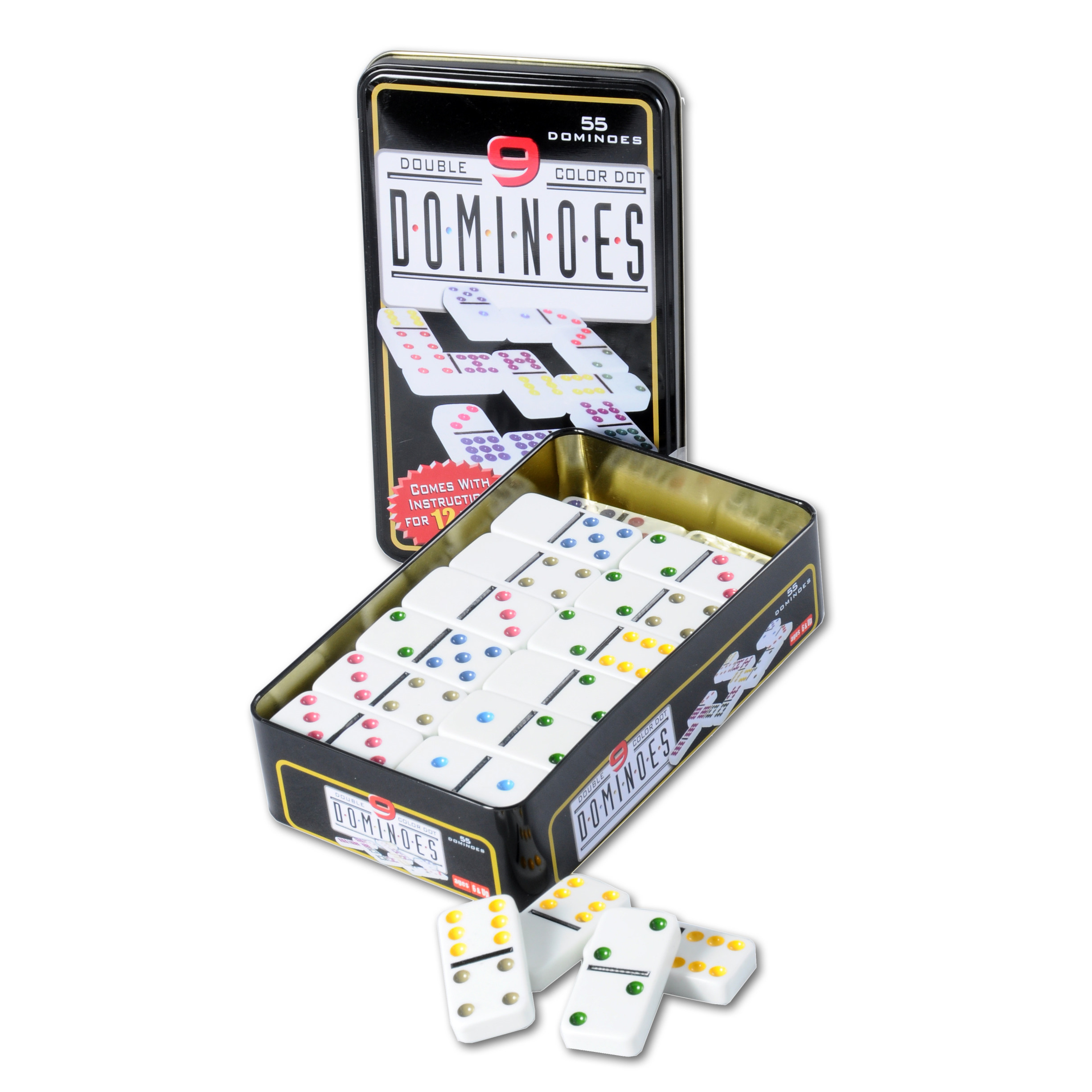 Domino spel dubbel-double 9 in blik en 55x gekleurde stenen