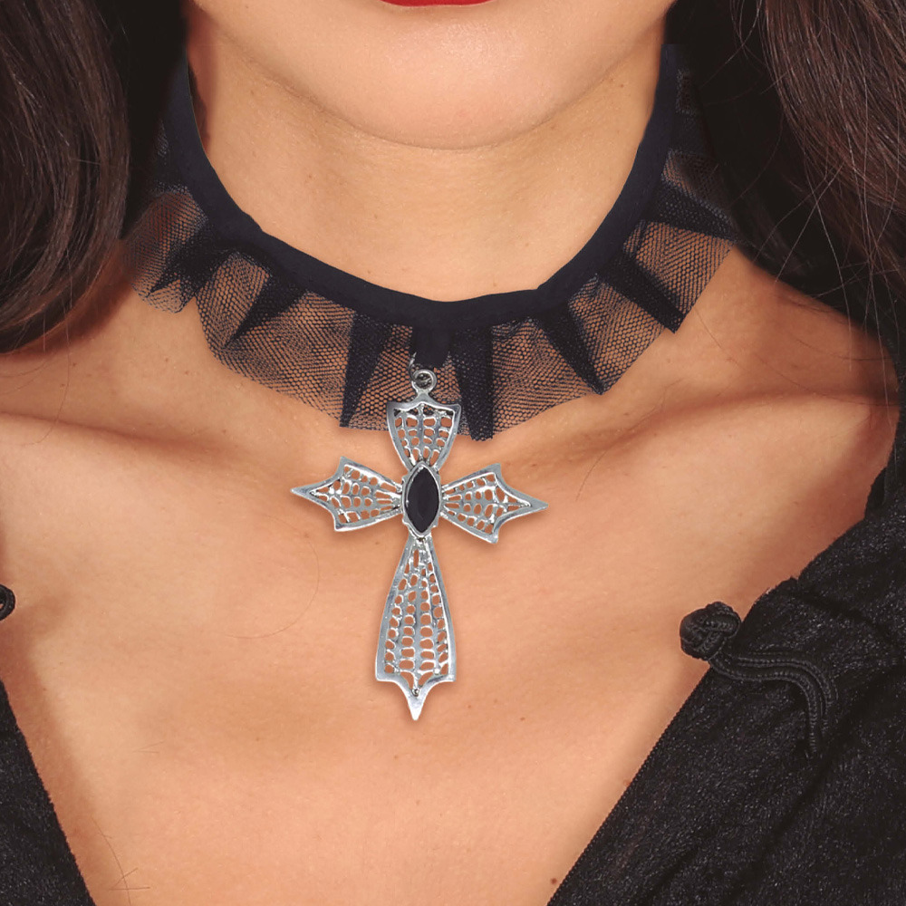 Fiestas Guirca Verkleed sieraden ketting met kruis zwart dames kunststof Heks-Non