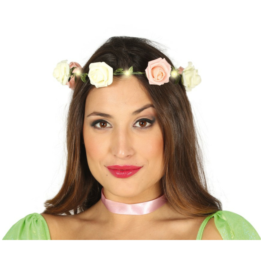 Fiestas Verkleed haarband met bloemen en lampjes roze meisjes-dames Flower Power