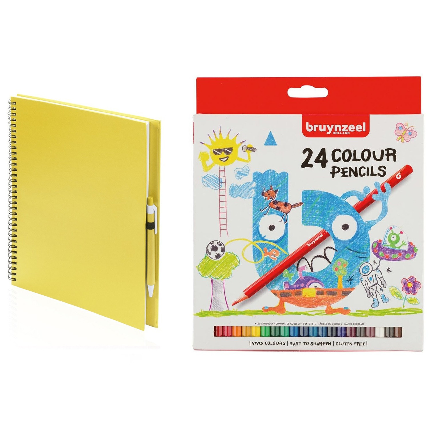 Geel schetsboek-tekenboek met 24 kleurpotloden