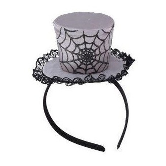 Grijze verkleed haarband met mini hoed met spinnenweb voor dames
