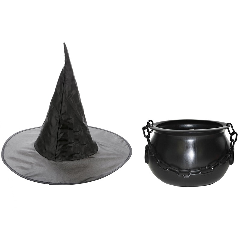 Halloween feest-party heks verkleedaccessoires heksenhoed en ketel 24 cm voor meisjes