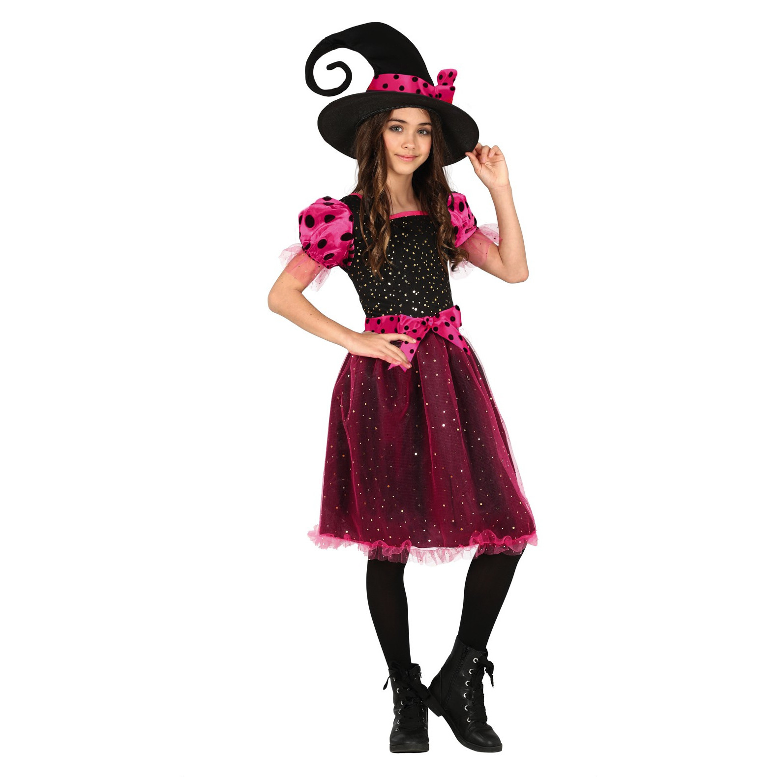 Heksen verkleed kostuum zwart-roze voor meisjes