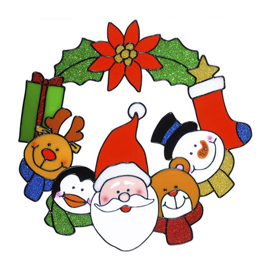 Kerst decoratie stickers kerstkrans met kerstman plaatje 30 cm
