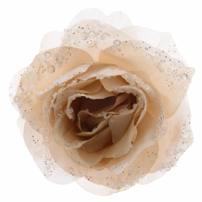 Kerstdecoratie bloemen roos creme op clip 14 cm