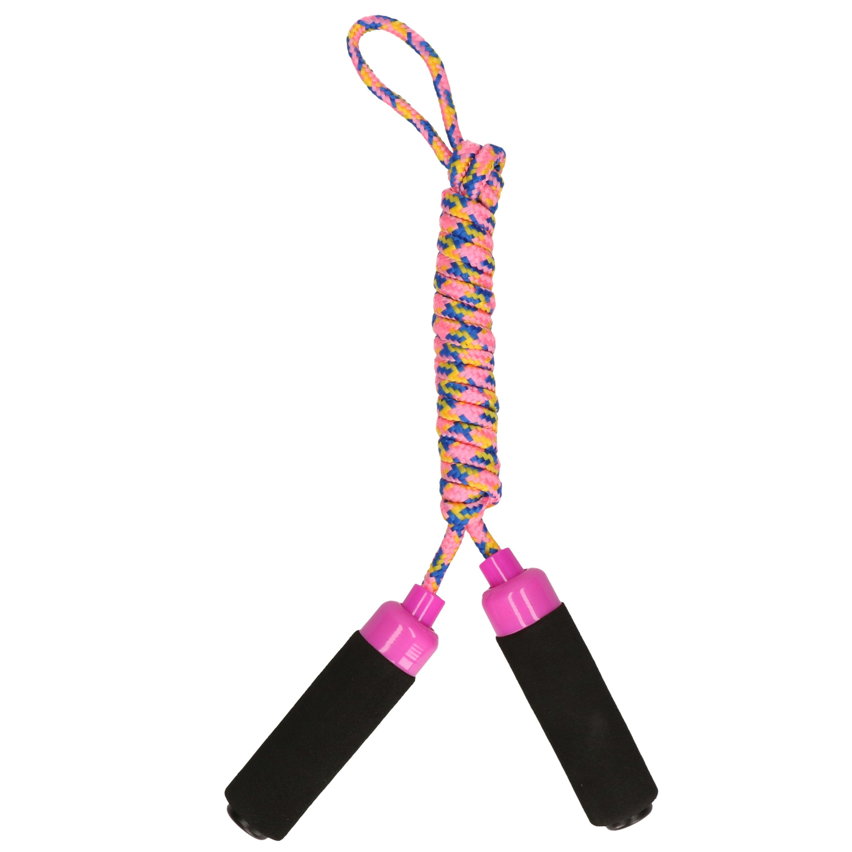 Kids Fun Springtouw speelgoed met Foam handvat roze touw 210 cm buitenspeelgoed
