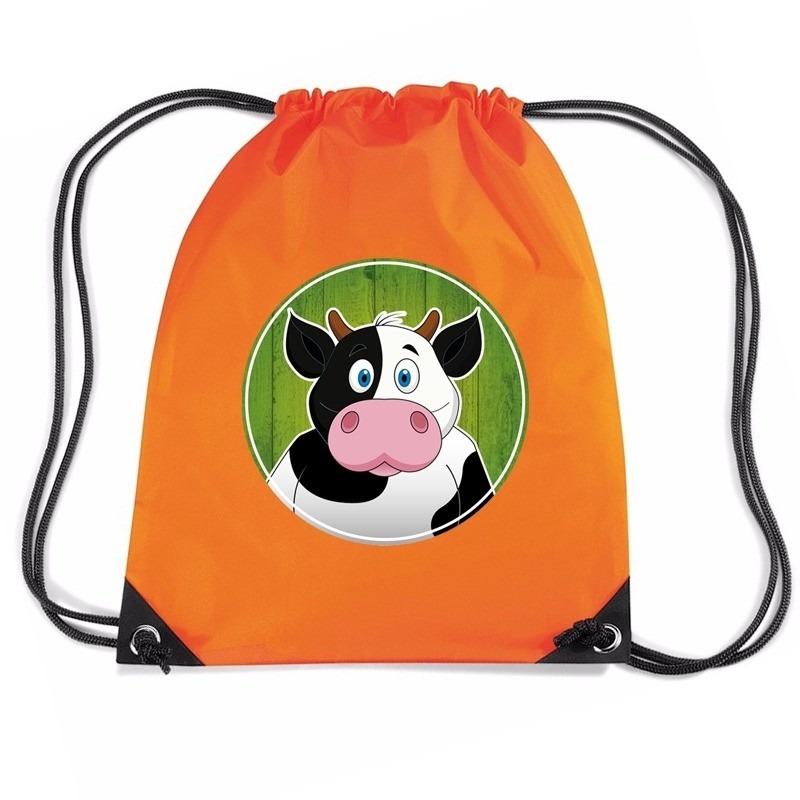 Koe dieren trekkoord rugzak-gymtas oranje voor kinderen