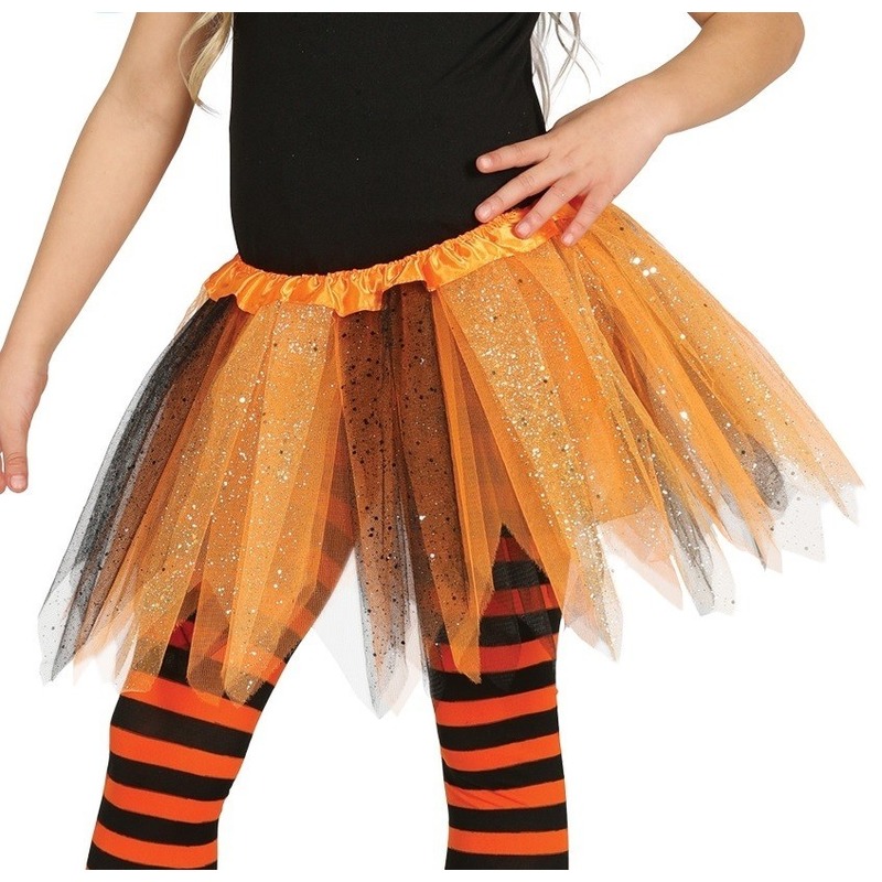 Korte heksen verkleed tule onderrok oranje-zwart 31 cm voor meisjes