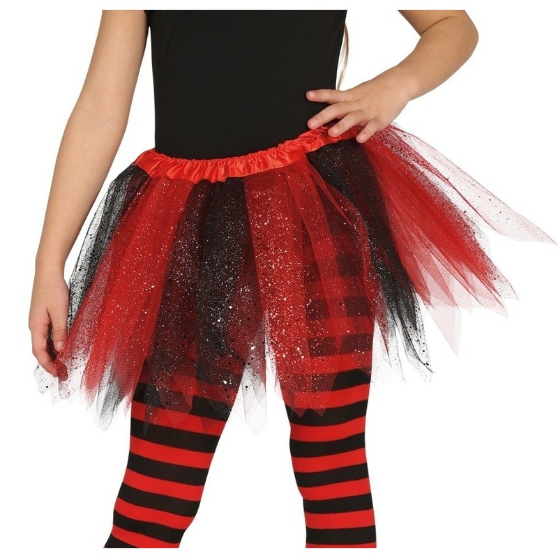 Korte heksen verkleed tule onderrok zwart-rood 31 cm voor meisjes