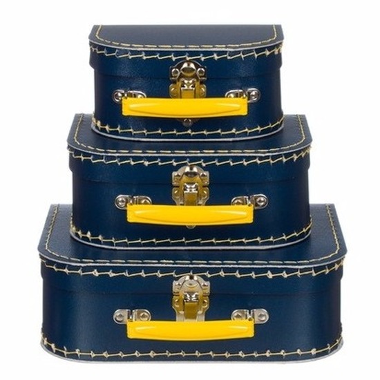 Kraamkado koffertje donkerblauw-geel 16 cm