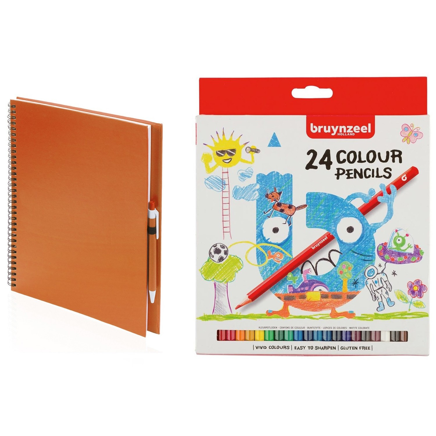 Oranje schetsboek-tekenboek met 24 kleurpotloden