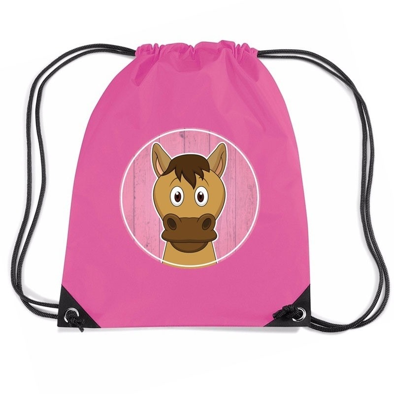 Paard dieren trekkoord rugzak-gymtas roze voor kinderen