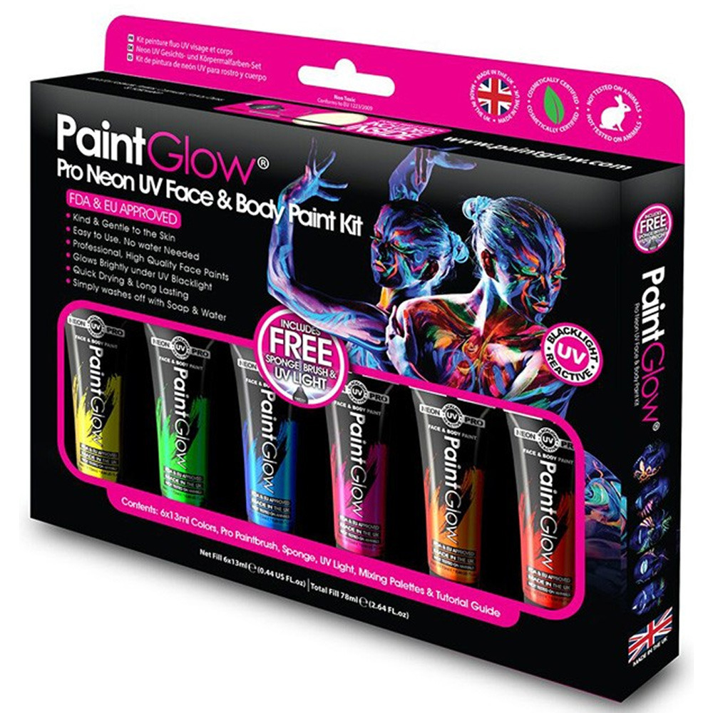 PaintGlow Face-Body paint set 6x13 ml neon-black light schmink-make-up waterbasis