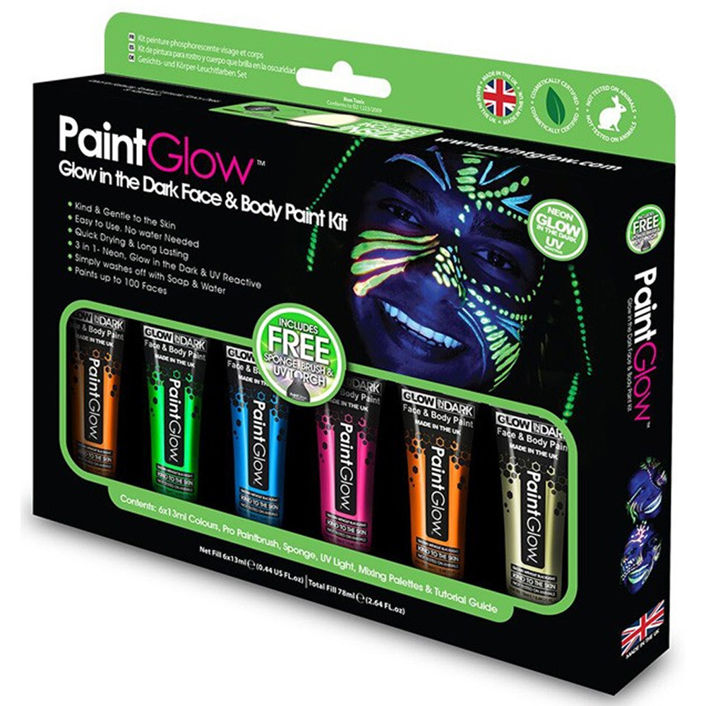 PaintGlow Face-Body paint set 6x13 ml neon-glow in the dark-black light schmink-make-up