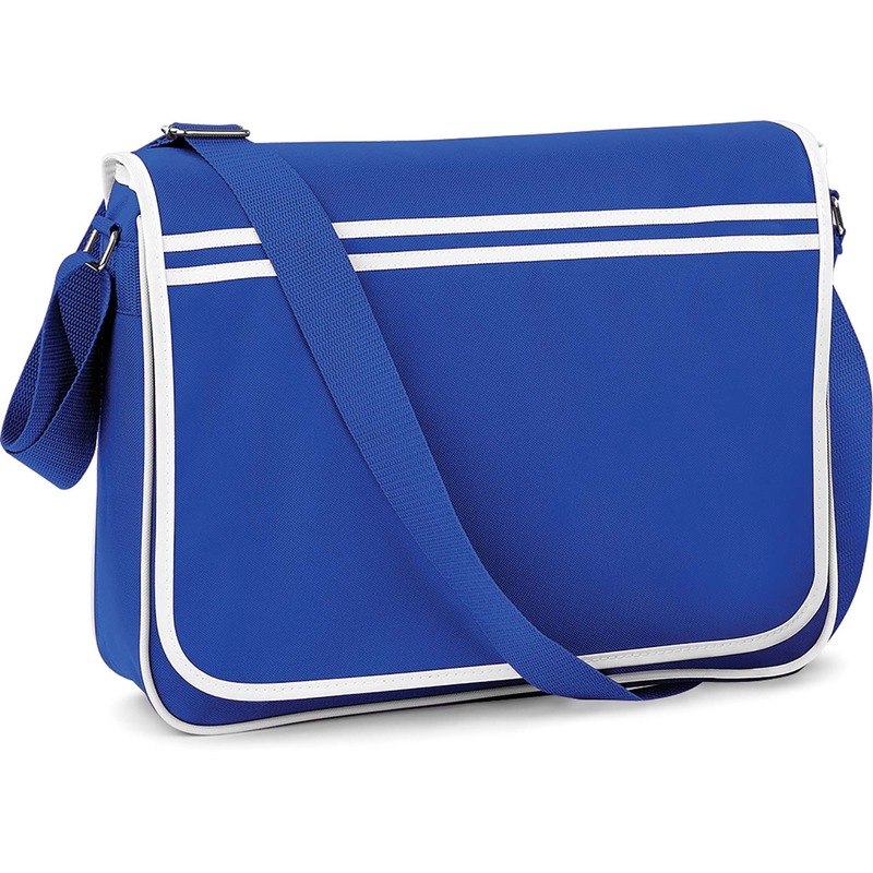 Retro schooltas-laptoptas met verstelbare schouderband blauw-wit