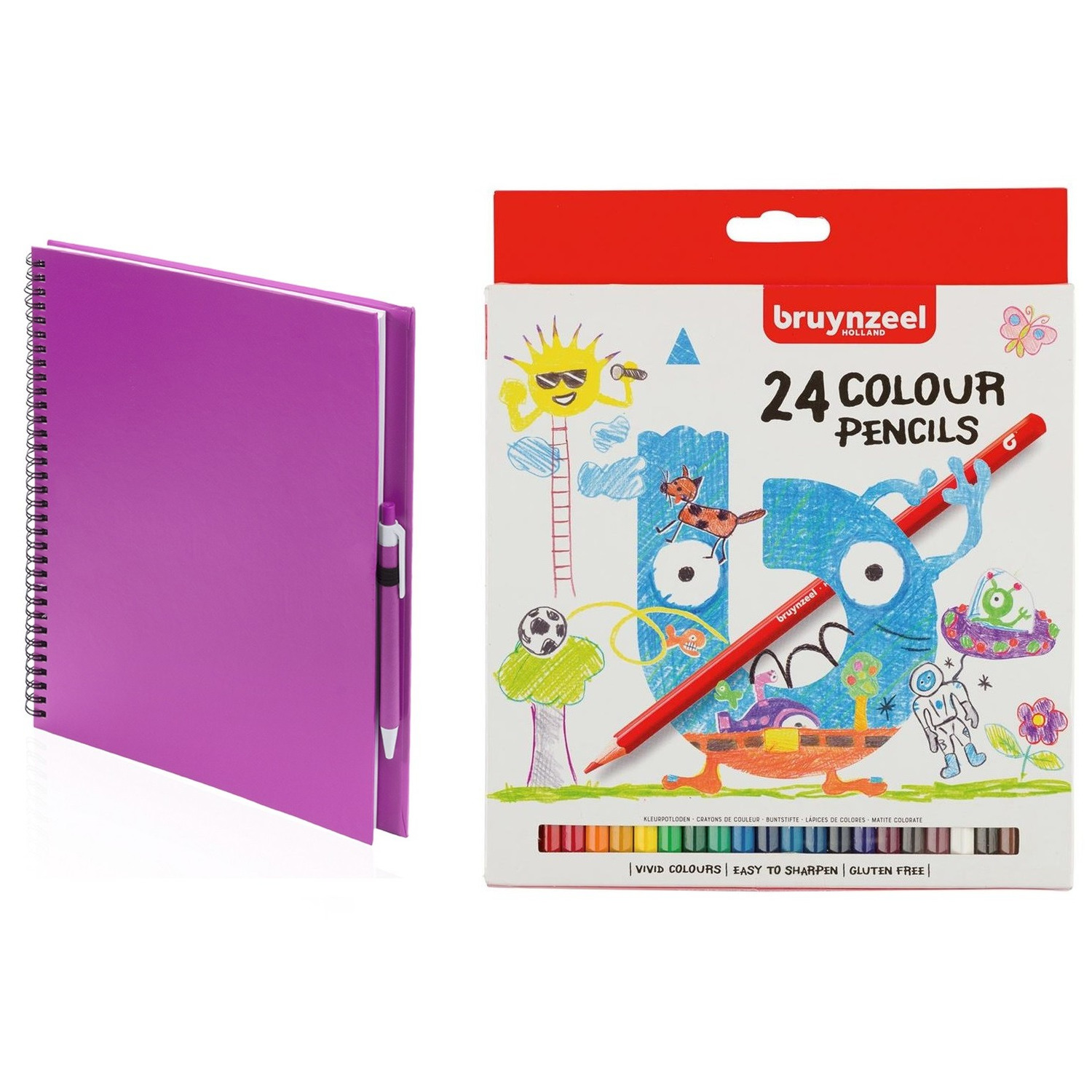 Roze schetsboek-tekenboek met 24 kleurpotloden