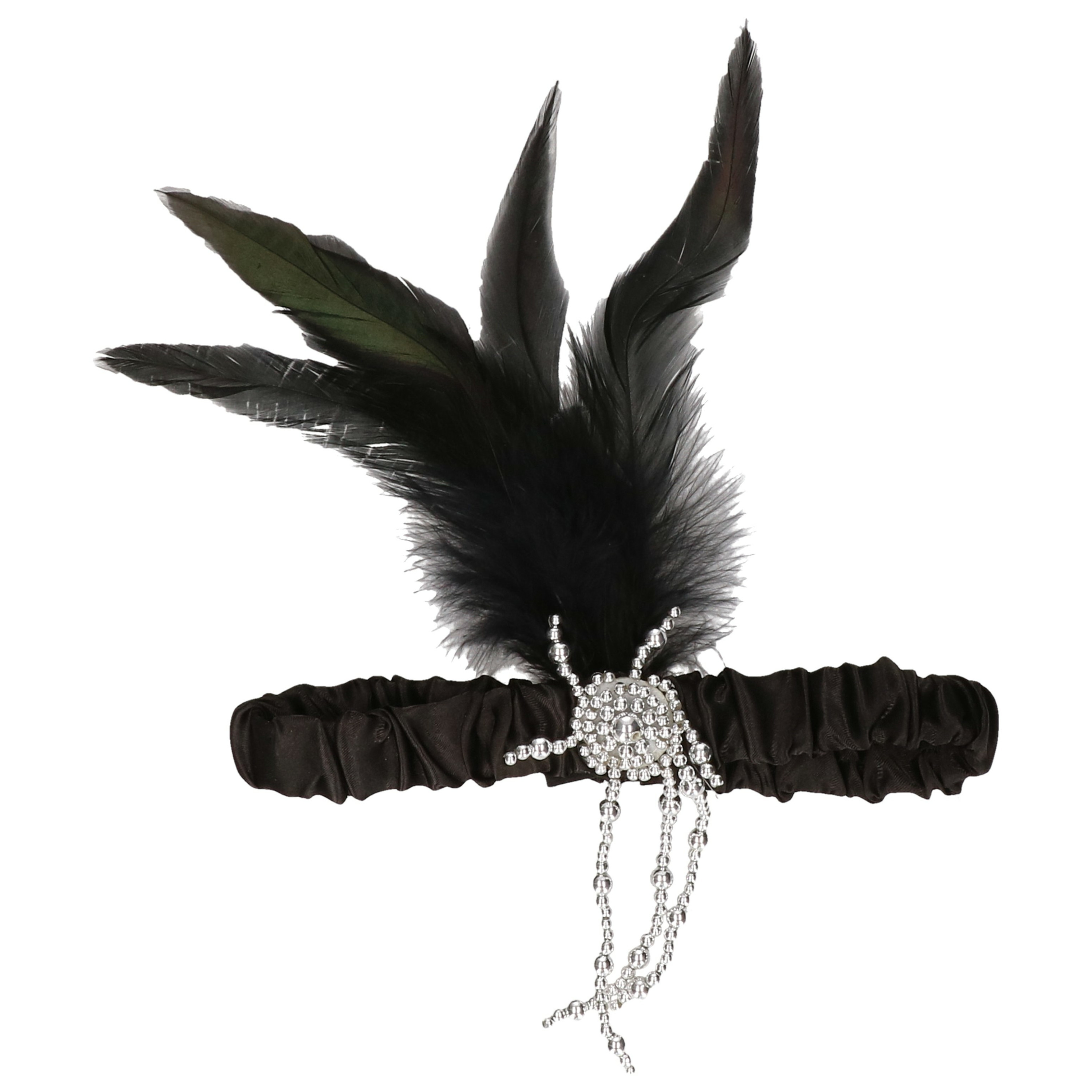 Rubies Charleston hoofdband met pauwen veer en kraaltjes zwart dames jaren 20 thema
