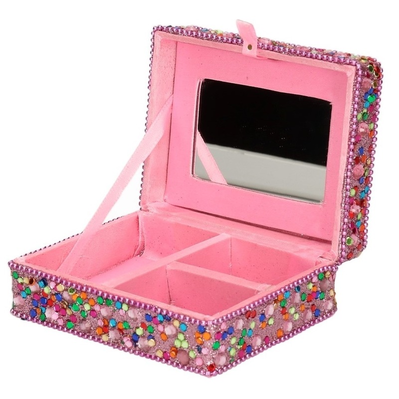 Sieradenkistje-sieradenbox roze met glitters 8 x 10 cm