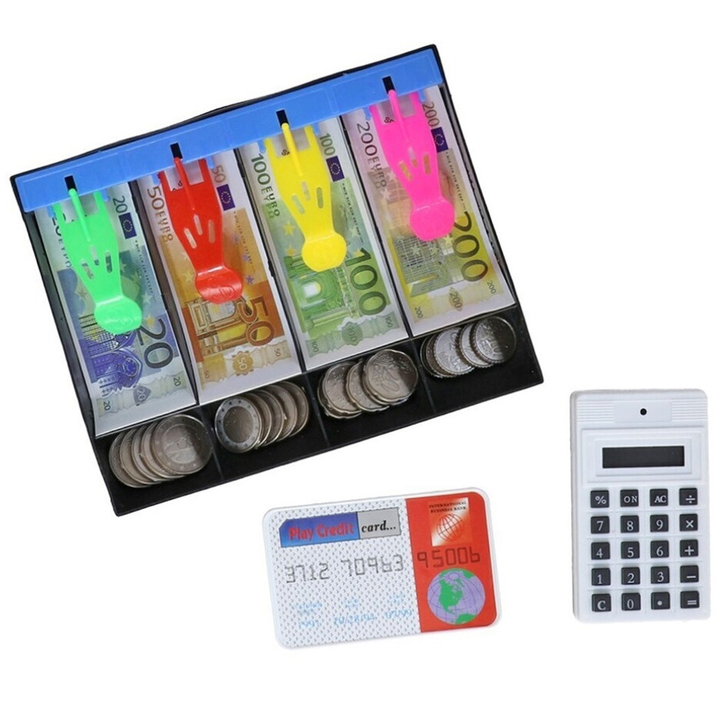 Speelgeld set in kassa lade met rekenmachine en bankpasje