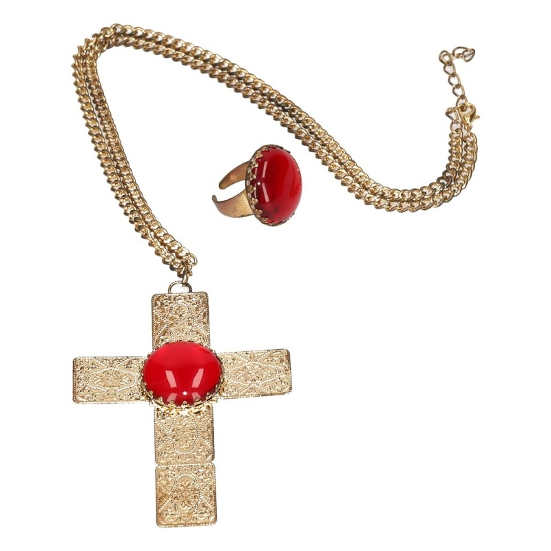 Verkleed Sinterklaas ketting en ring set goud-rood kruis voor heren-volwassenen