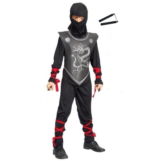 Verkleedkleding Ninja pak maat L met vechtstokken voor kinderen
