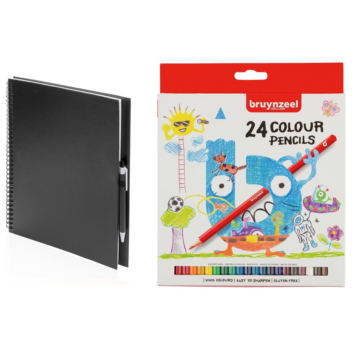 Zwart schetsboek-tekenboek met 24 kleurpotloden