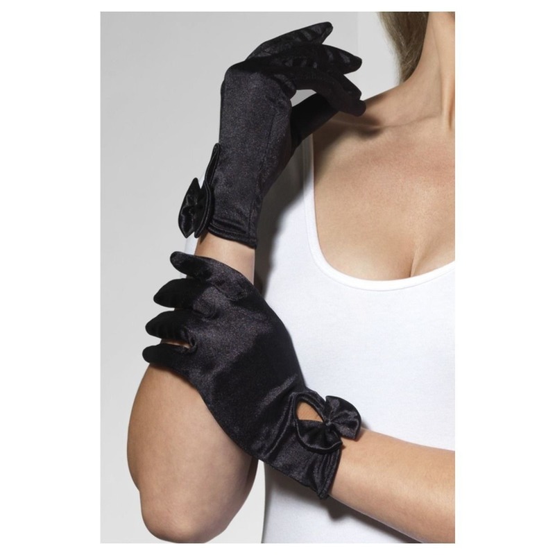 Zwarte verkleed handschoenen kort met strik voor dames